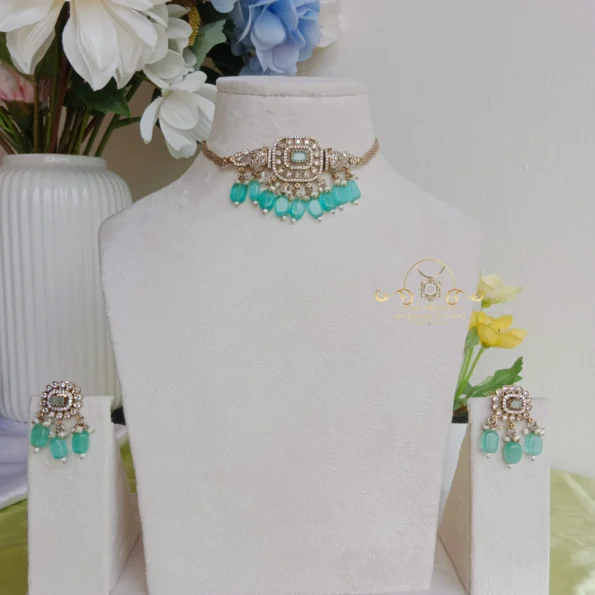 Victorian Elephant Choker with Green Pastel Bead Drops