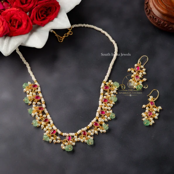 Gorgeous Single Layer Pearl with Red Jadau Stone