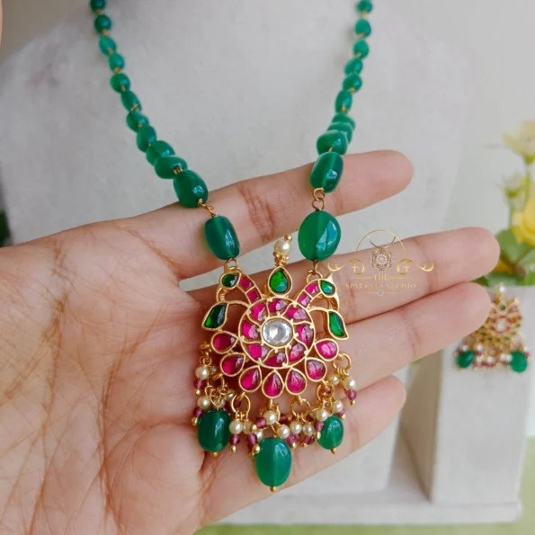 Stunning Jadau Pendant Set in Green Bead Chain
