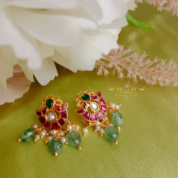 Jadau Earrings with Green Bead Drops