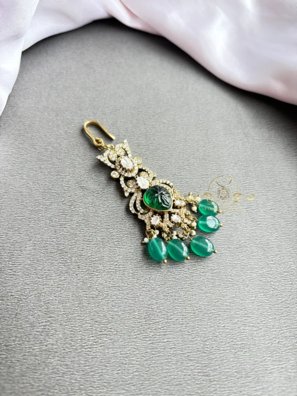 Dazzling Victorian Maang Tikka with Green Drops