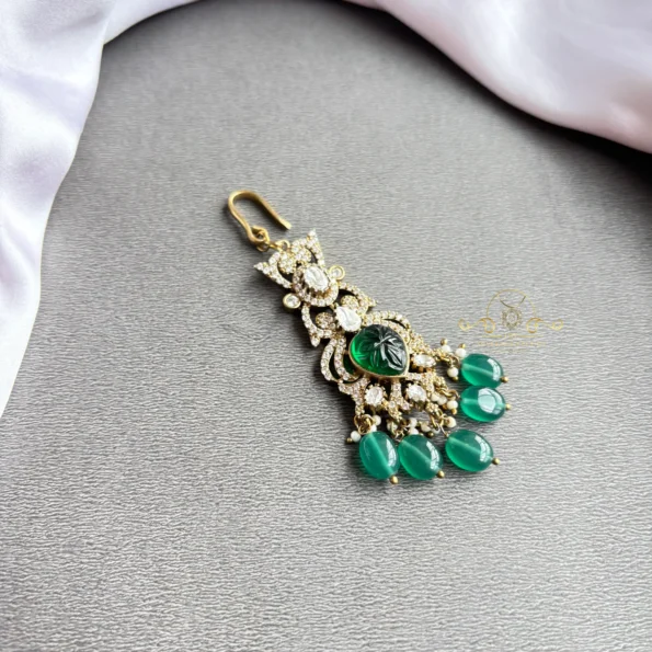 Dazzling Victorian Maang Tikka with Green Drops