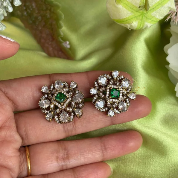 Shimmering Massonite Green Stone Victorian Earrings