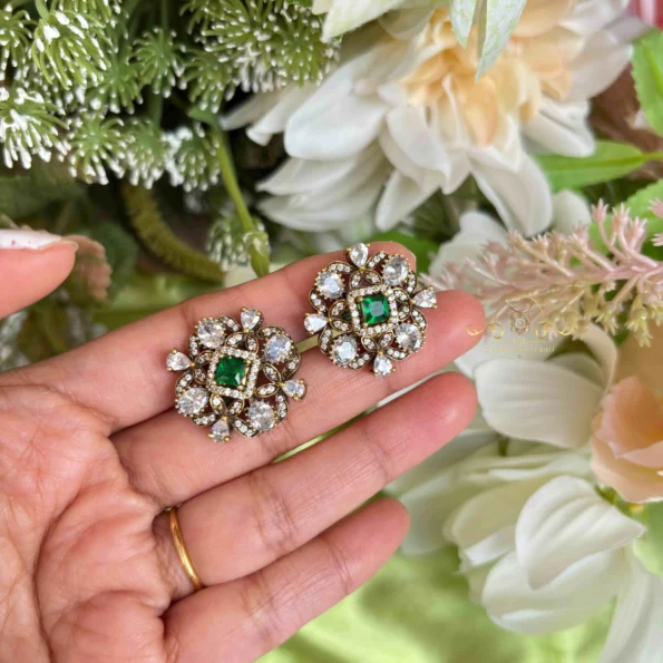 Shimmering Massonite Green Stone Victorian Earrings