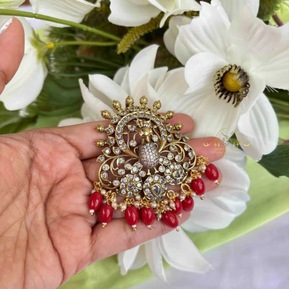 Peacock Victorian Pendant with Coral Bead Drops