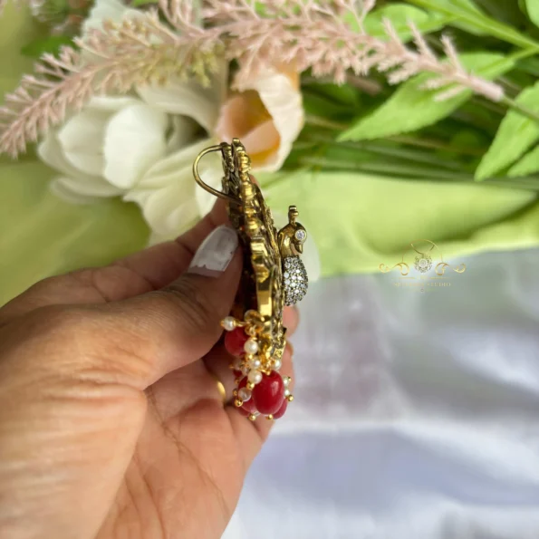 Peacock Victorian Pendant with Coral Bead Drops