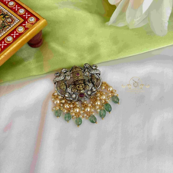 Heritage Balaji Pendant with Pearl and Green Bead Drops