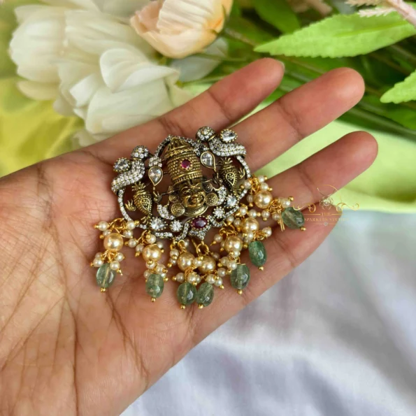 Heritage Balaji Pendant with Pearl and Green Bead Drops