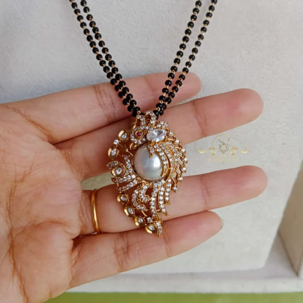 Black Bead Chain with Pearl Victorian Pendant