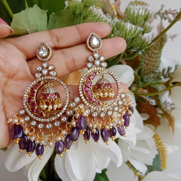 Long Victorian Drop Earrings with Purple Beads