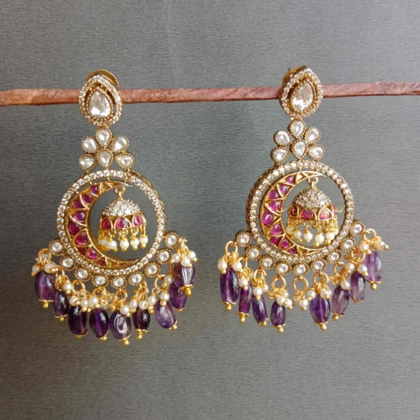 Long Victorian Drop Earrings with Purple Beads
