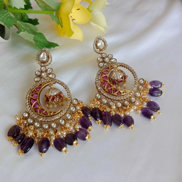 Long Victorian Drop Earrings with Purple Beads