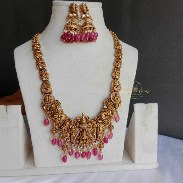 Intricately Designed Lakshmi Haram with Red Bead Drops