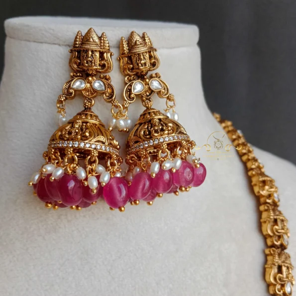 Intricately Designed Lakshmi Haram with Red Bead Drops