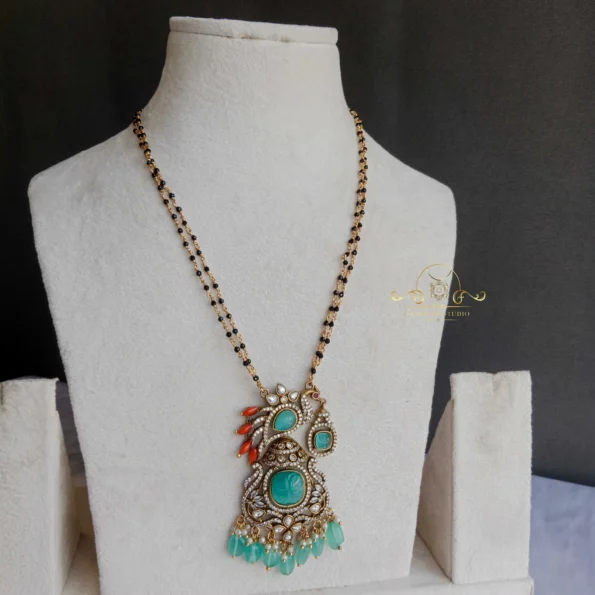 Black Beads with Peacock Victorian Pendant