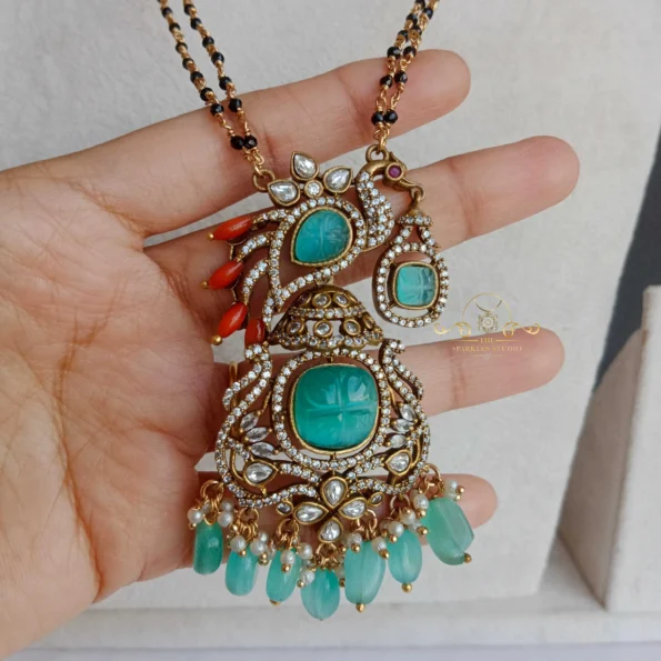 Black Beads with Peacock Victorian Pendant