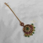 Pretty Kemp Stone with Green Bead Drop Maang Tikka