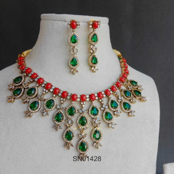 Grand coral Necklace with Layers of Emerald Drops