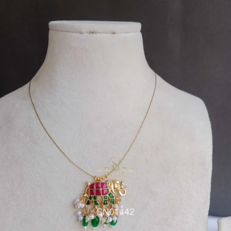 Cute Jadau elephant pendant in invisible chain