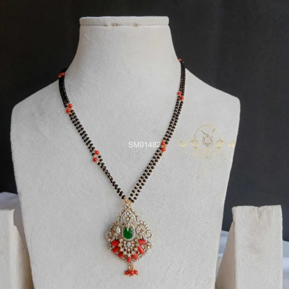 Pretty Coral with Elephant Victorian Pendant in Black Beads Chain
