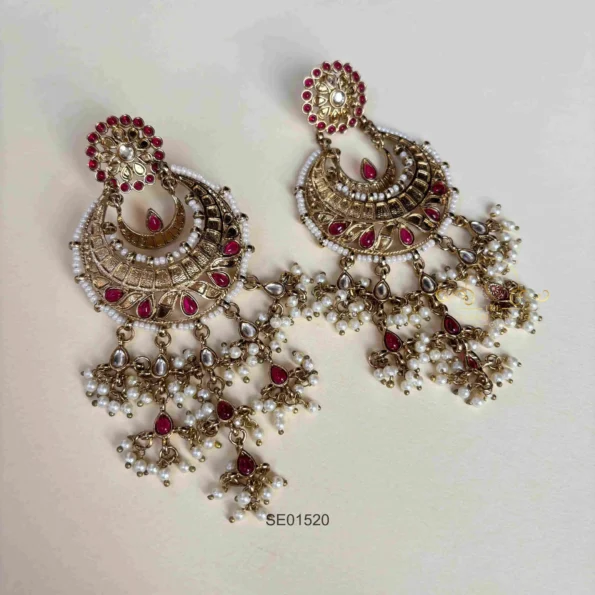 Long Beautiful Red Stone and Pearl Earrings