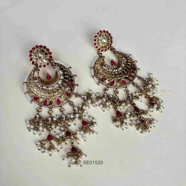 Long Beautiful Red Stone and Pearl Earrings