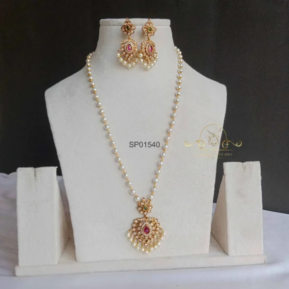 Pretty American Diamond Pendant Set in Pearl Chain