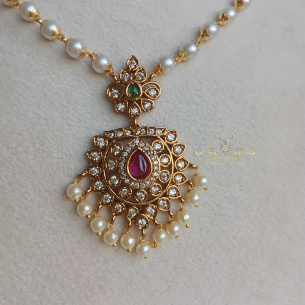 Pretty American Diamond Pendant Set in Pearl Chain