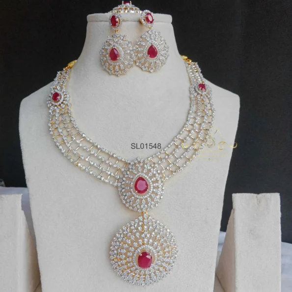 Bridal American Diamond Necklace with Ruby and Removable Pendant
