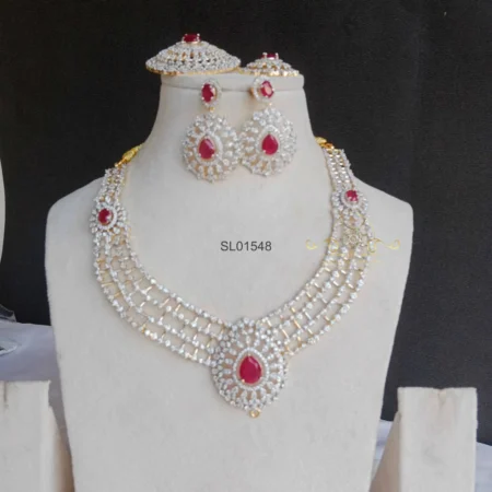 Bridal American Diamond Necklace with Ruby and Removable Pendant