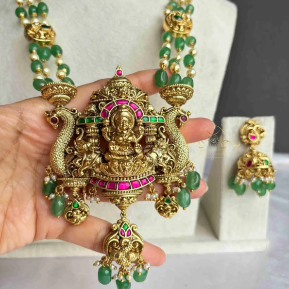 Green Bead Goddess Lakshmi Jadau Haram