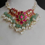 Lotus Jadau Pearl Choker with Green Bead Drops