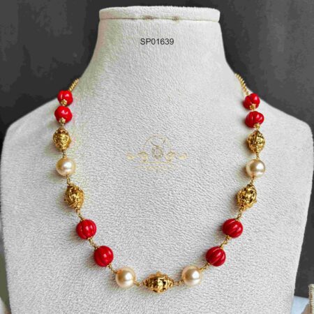 Single Layer Round Coral and Pearl Chain