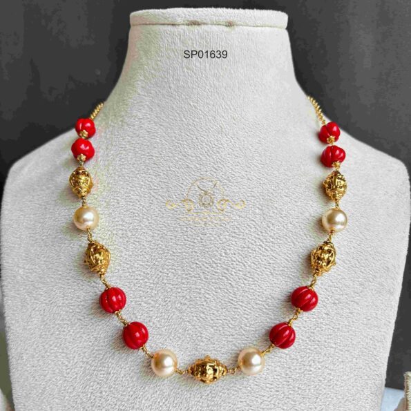 Single Layer Round Coral and Pearl Chain