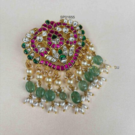 Jadau Pendant with Pearl and Greeen Bead Drops