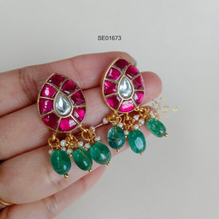 Jadau Earrings with Green Bead Drops