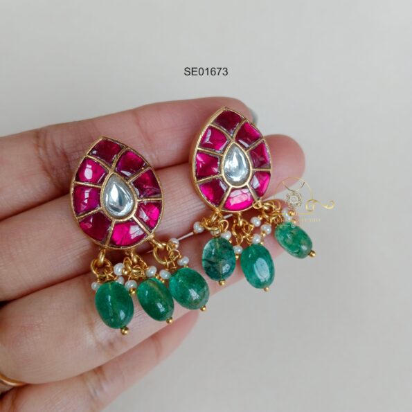 Jadau Earrings with Green Bead Drops
