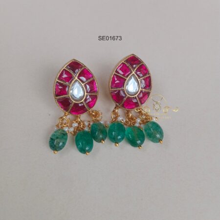 Jadau Earrings with Green Bead Drops