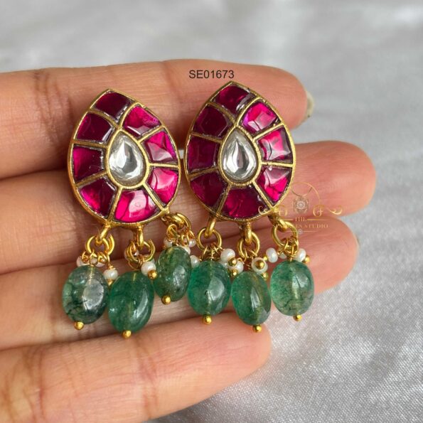 Jadau Earrings with Green Bead Drops