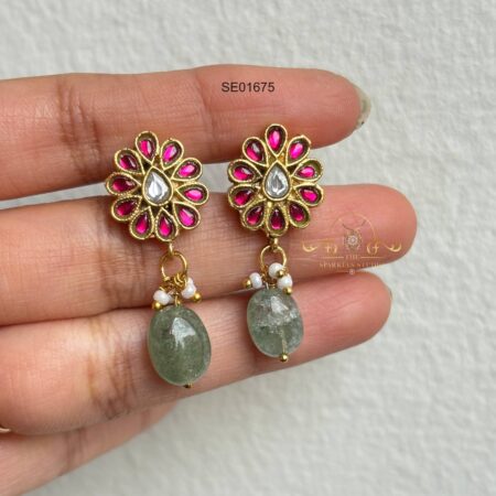Flower Jadau Earrings with Green Bead Drop