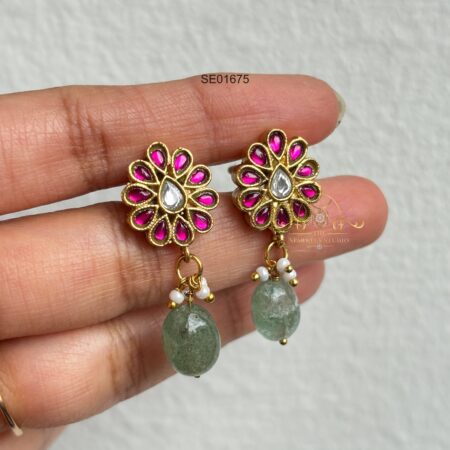 Flower Jadau Earrings with Green Bead Drop