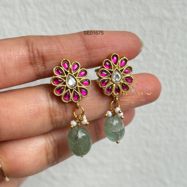 Flower Jadau Earrings with Green Bead Drop