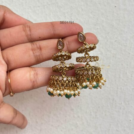 Spiral Jhumki with Green Bead Drops