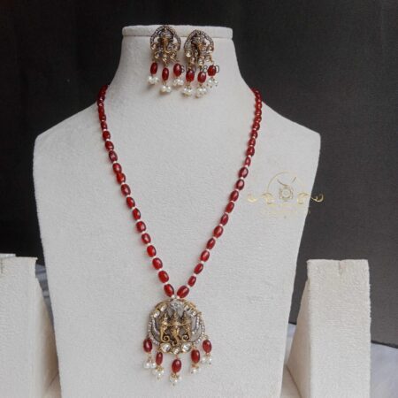 Red Bead Ganesha Pendant Long Haram