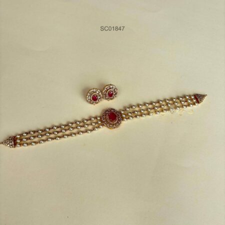 Three Line Pearl Ruby Choker