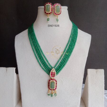 Royal Green Bead Jadau Pendant Neckset