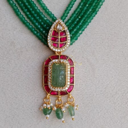 Royal Green Bead Jadau Pendant Neckset