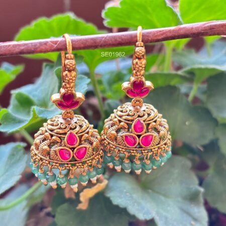 Jadau Kundan Green Bead Drop Jhumkis
