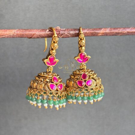 Jadau Kundan Green Bead Drop Jhumkis