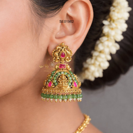 Green Bead Goddess Lakshmi Jhumki